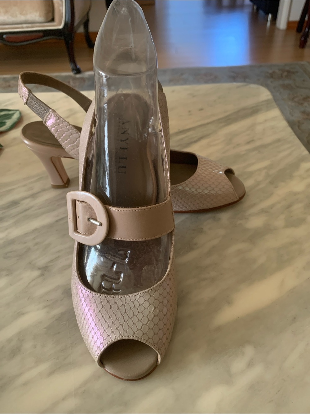 Anyi Lu Blush Pink Peep-Toe Slingback Heels with Buckle. Made in Italy, size 38